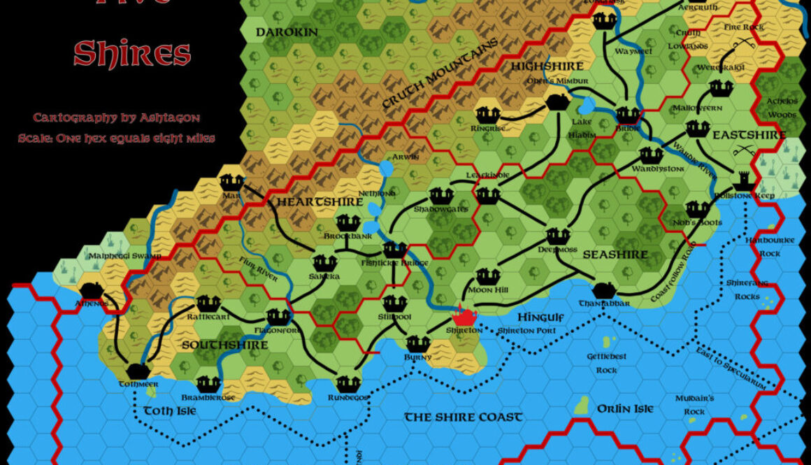 GAZ8 The Five Shires, 8 miles per hex, by Emma Rome, October 2023