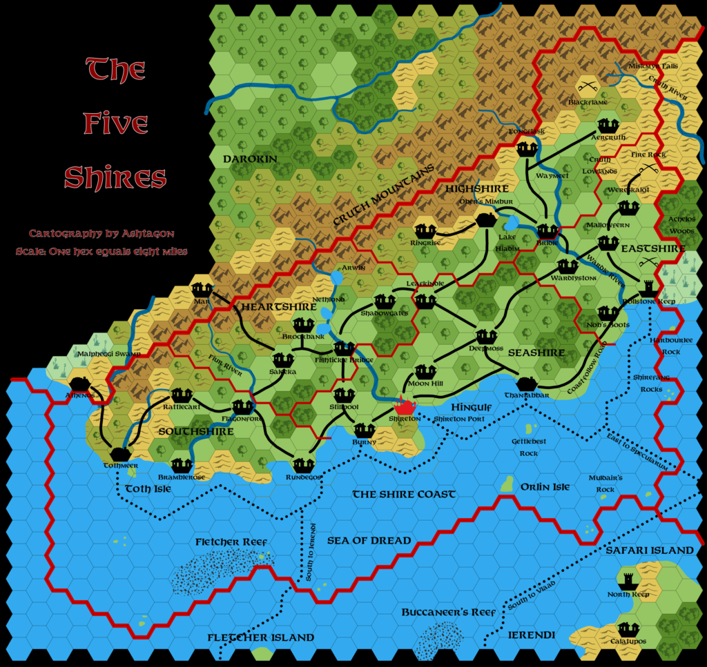 GAZ8 The Five Shires, 8 miles per hex, by Emma Rome, October 2023