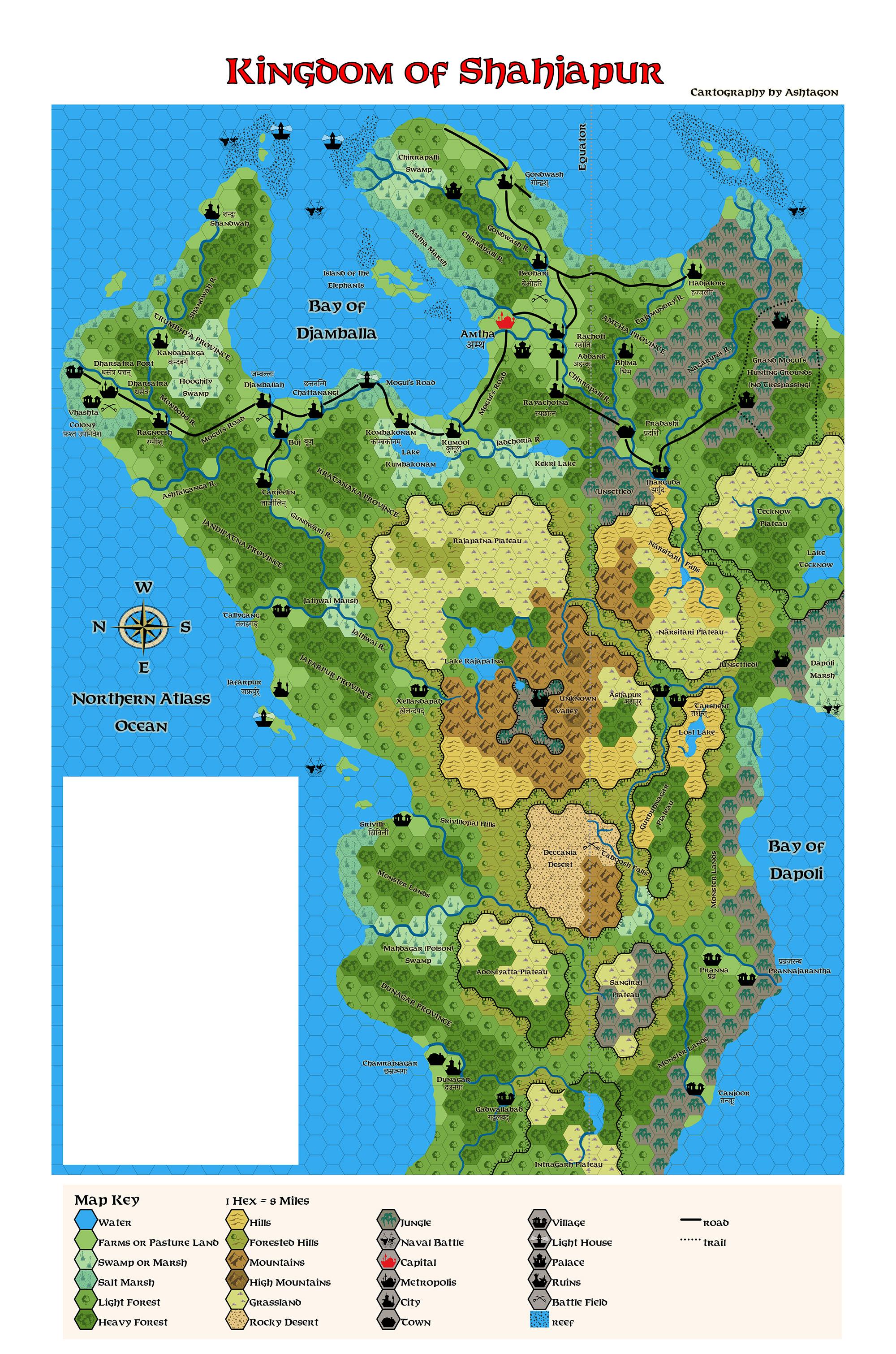 HWA3 Kingdom of Shahjapur, 8 miles per hex, by Emma Rome, April 2026