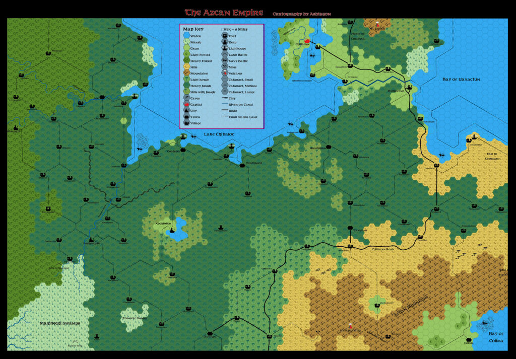 HWR1 The Azcan Empire, 8 miles per hex, by Emma Rome, November 2023