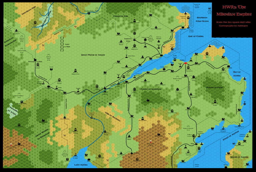 HWR3 The Milenian Empire, 8 miles per hex, by Emma Rome, October 2023