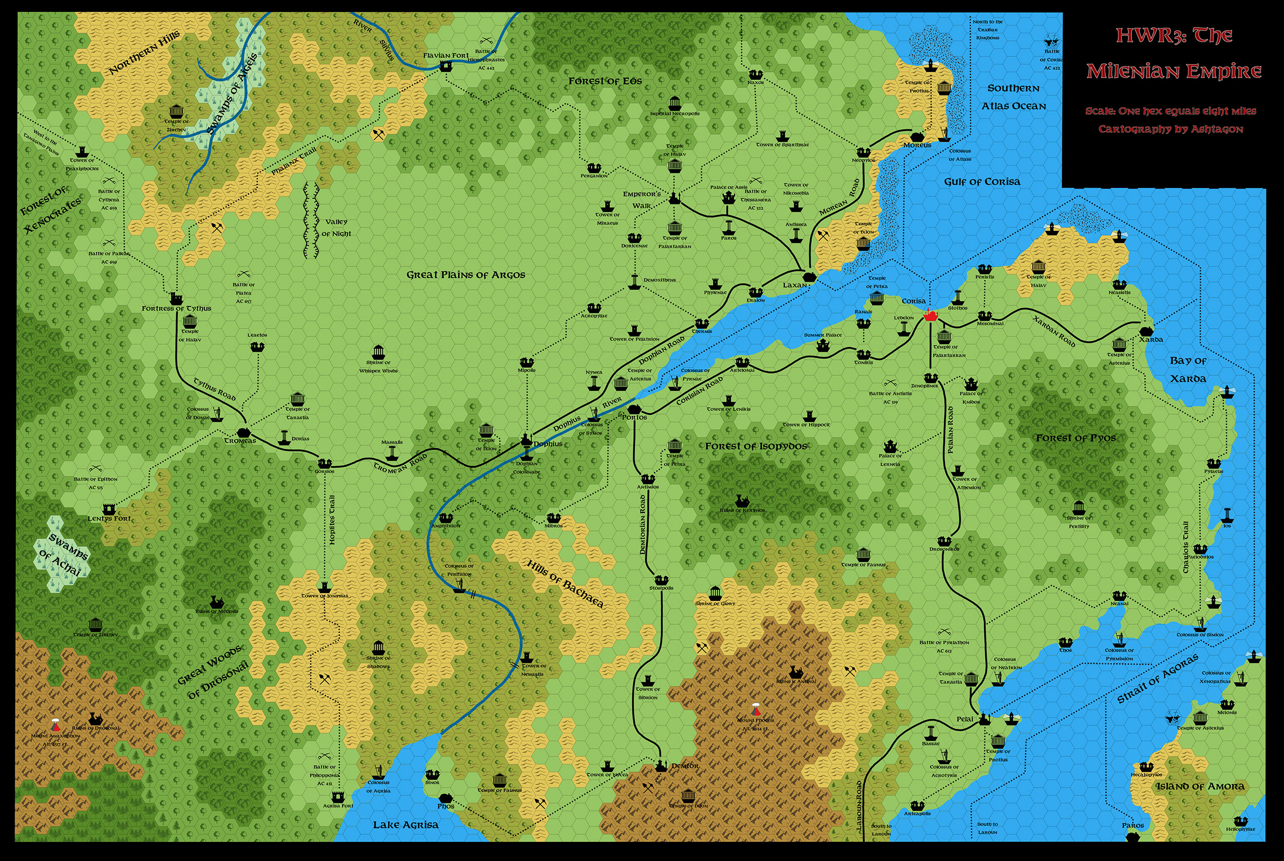 HWR3 The Milenian Empire, 8 miles per hex, by Emma Rome, October 2023