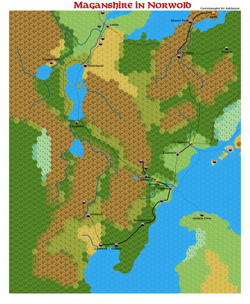 Maganshire in Norwold, 24 miles per hex, by Emma Rome, October 2025