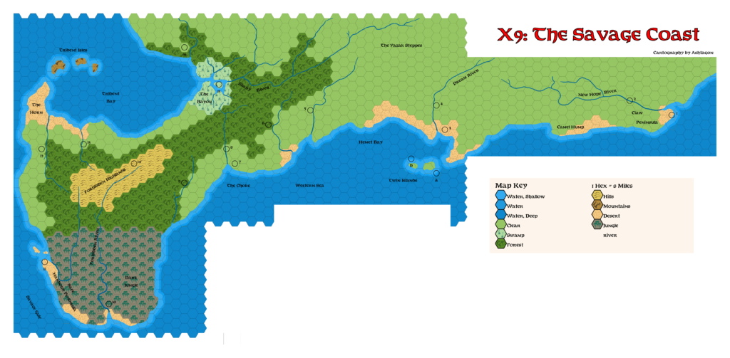X9 The Savage Coast, 24 miles per hex, by Emma Rome, March 2026