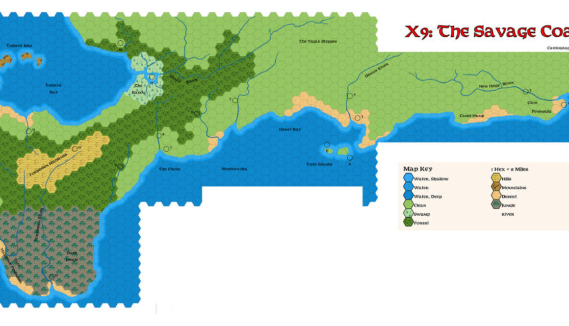 X9 The Savage Coast, 24 miles per hex, by Emma Rome, March 2026