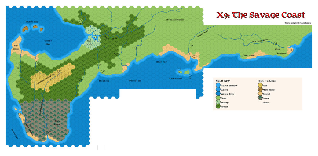 X9 The Savage Coast, 24 miles per hex, by Emma Rome, March 2026