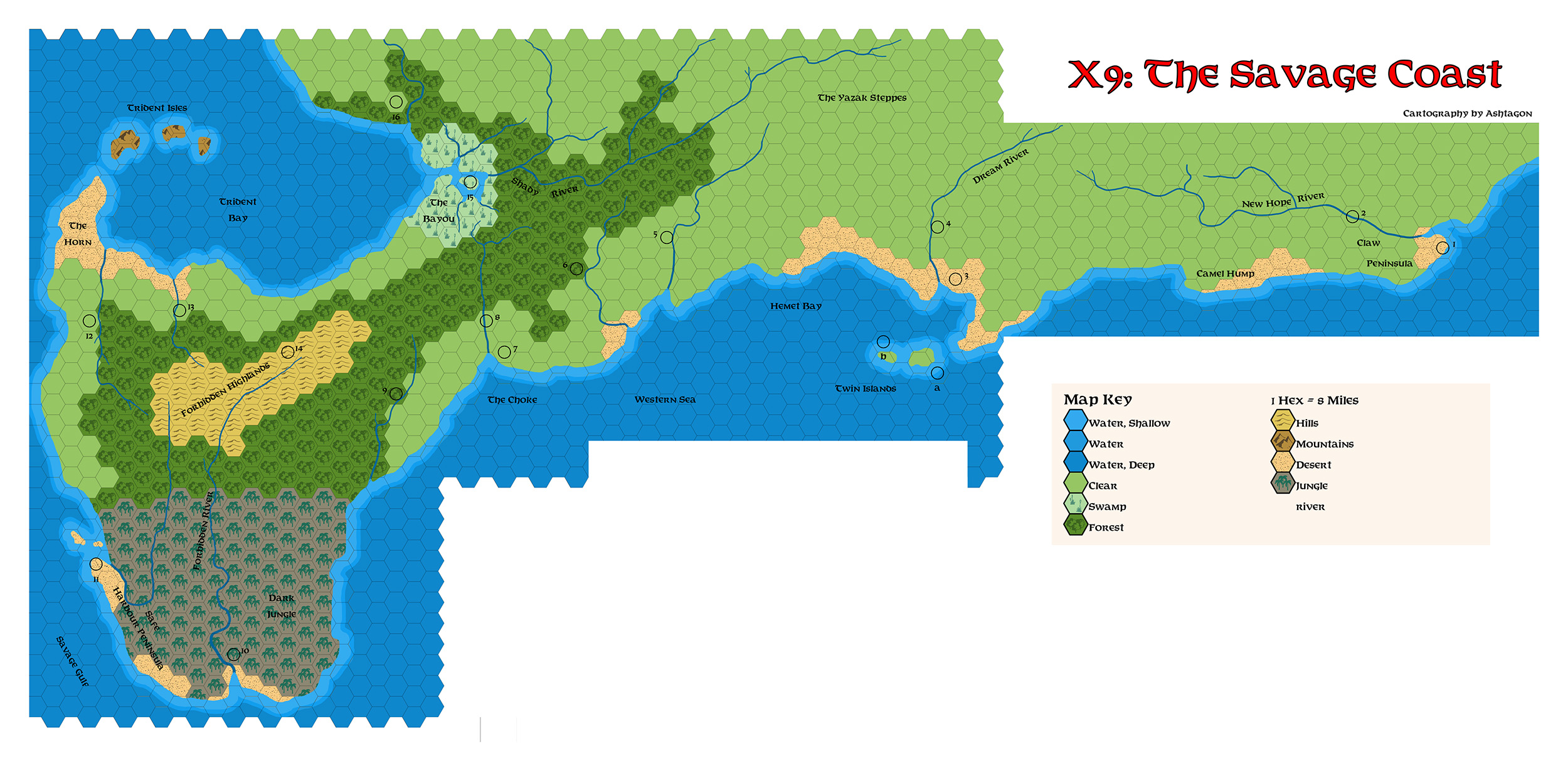 X9 The Savage Coast, 24 miles per hex, by Emma Rome, March 2026