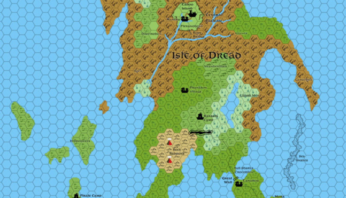 Updated map of the Isle of Dread, 4 miles per hex
