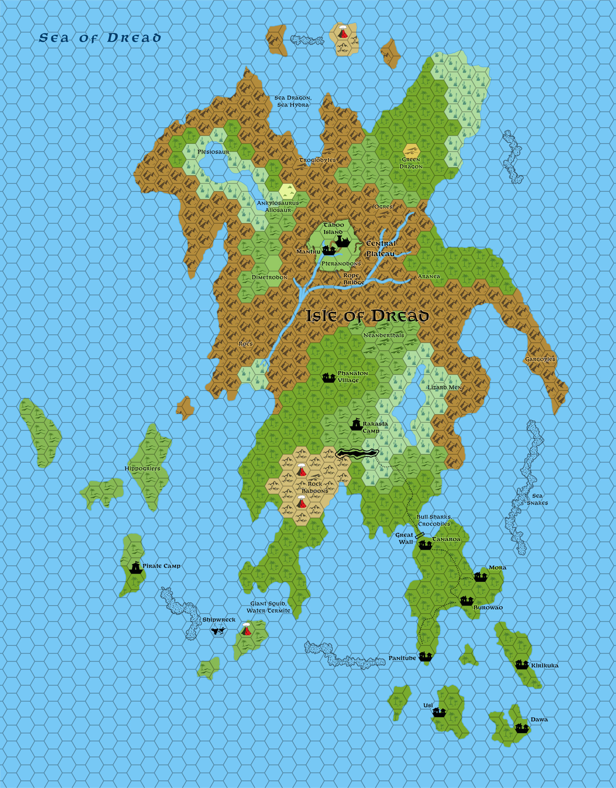 Updated map of the Isle of Dread, 4 miles per hex
