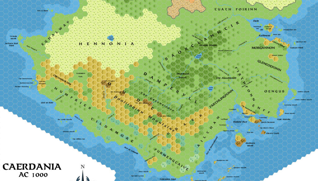 Caerdania, 8 miles per hex, by Simone Neri, April 2008 (geographic version)