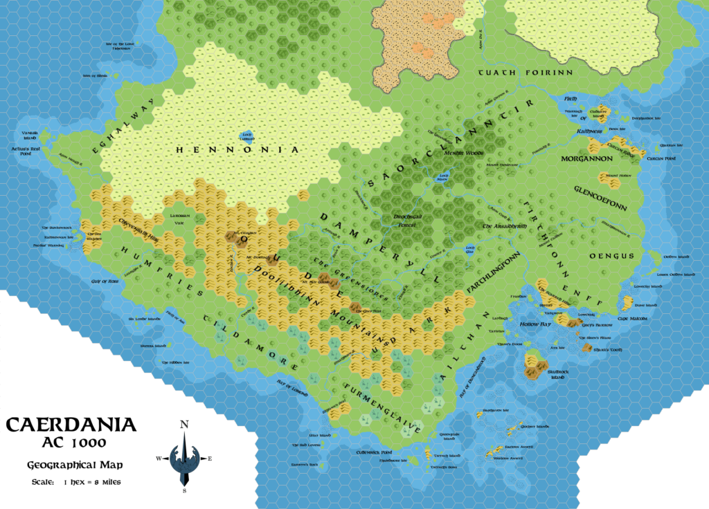 Caerdania, 8 miles per hex, by Simone Neri, April 2008 (geographic version)