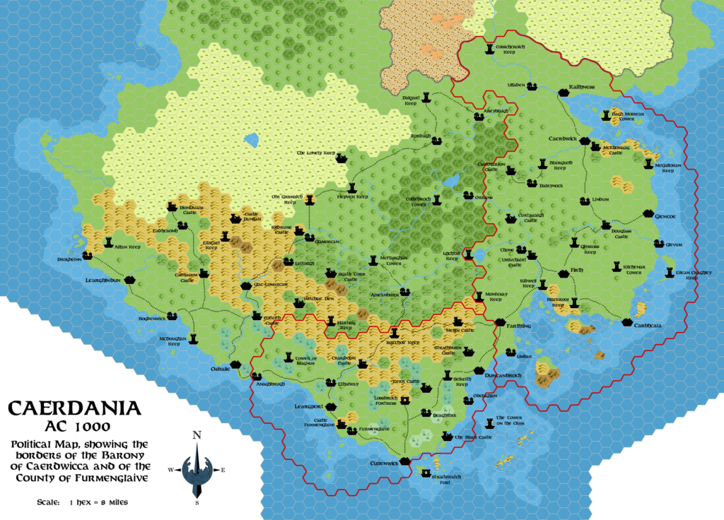 Caerdania, 8 miles per hex, by Simone Neri, April 2008 (political version)