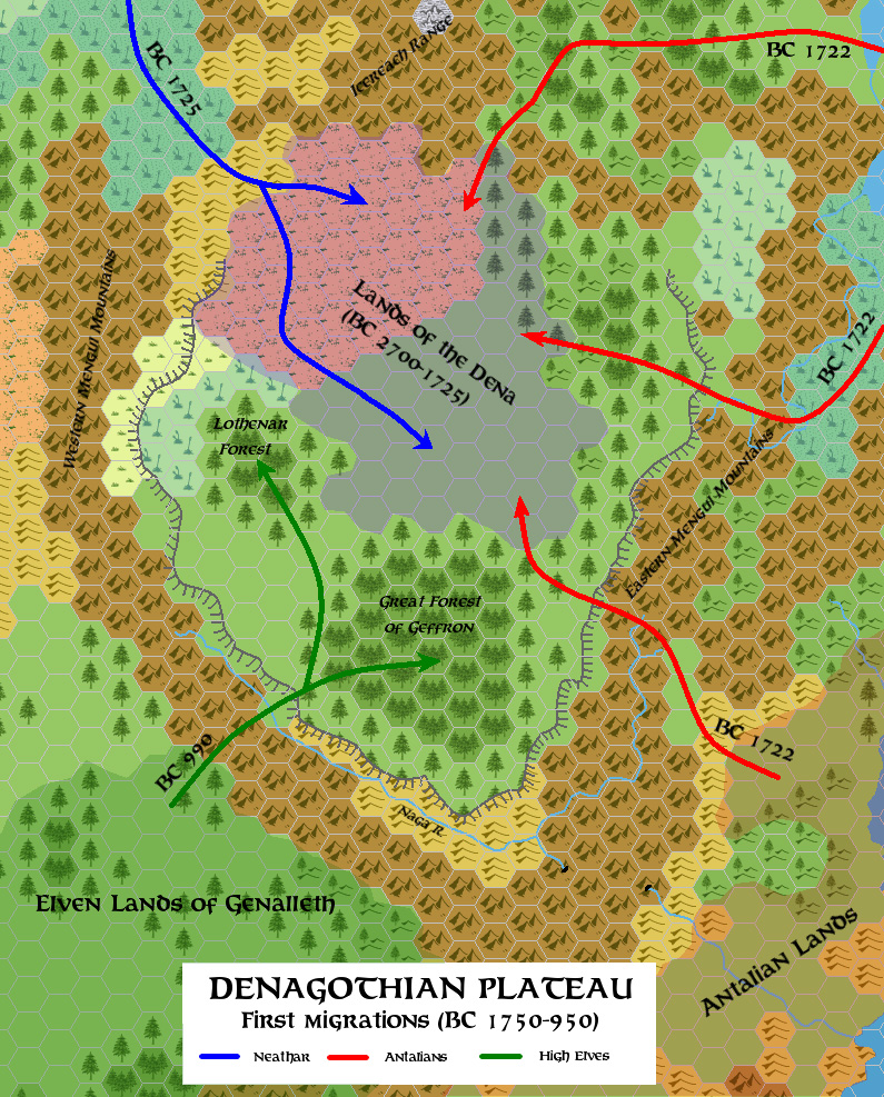 Denagoth Plateau First Migrations, 1750 BC to 950 BC, 24 miles per hex, by Simone Neri, March 2006