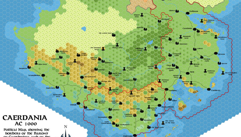 Caerdania, 8 miles per hex, by Simone Neri, April 2008 (political version)