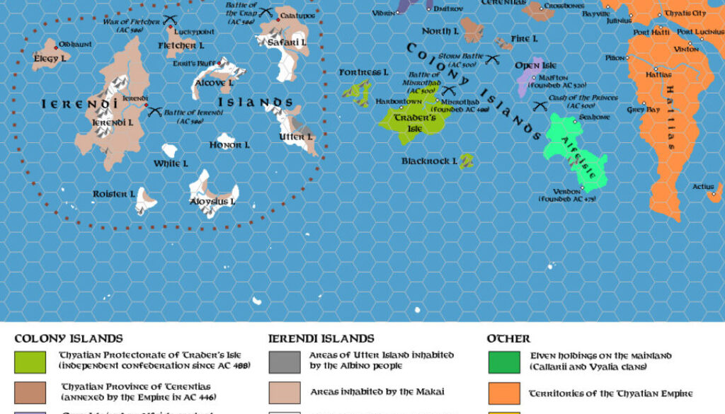 Ierendi and Colony Islands 456 to 602 AC, 24 miles per hex, by Simone Neri, June 2014