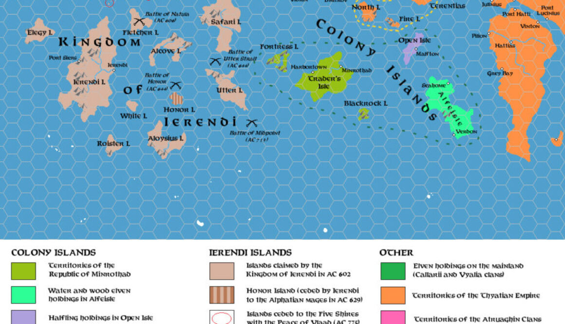 Ierendi and Colony Islands 602 to 790 AC, 24 miles per hex, by Simone Neri, October 2014