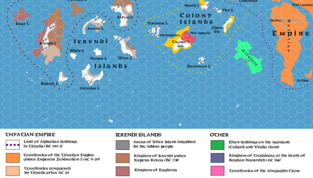 Ierendi and Colony Islands 500 BC to 400 AC, 24 miles per hex, by Simone Neri, March 2014