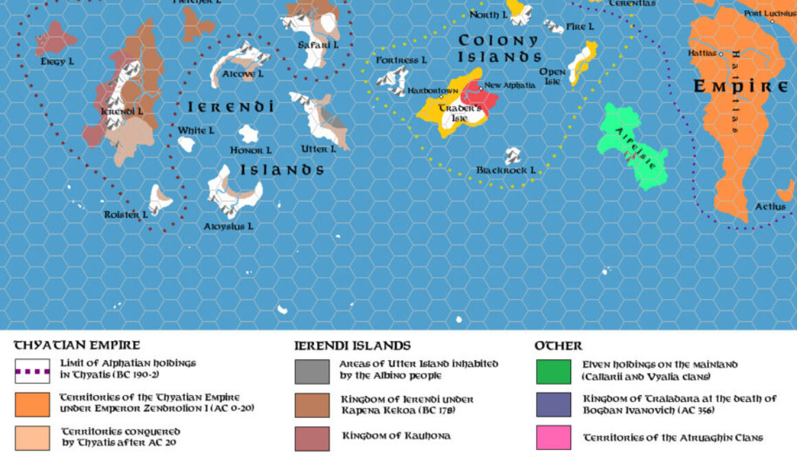 Ierendi and Colony Islands 500 BC to 400 AC, 24 miles per hex, by Simone Neri, March 2014